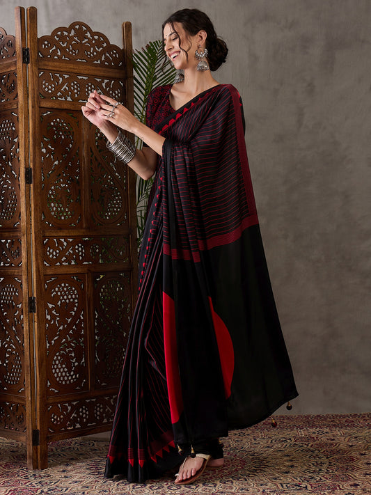 Ajrakh Printed Silk Saree - Black