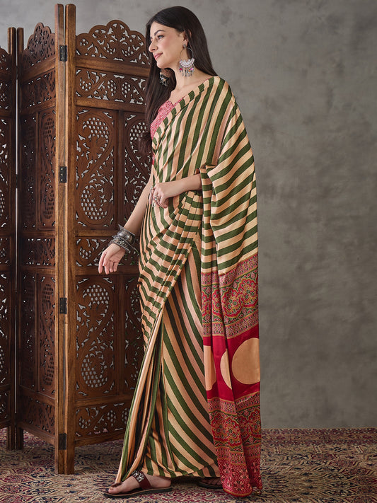 Ajrakh Printed Silk Saree - Olive Green