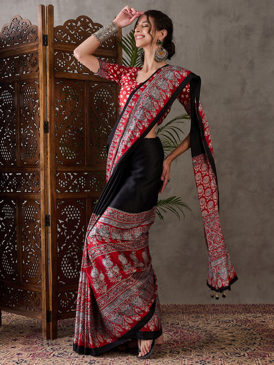 Ajrakh Printed Silk Saree - Deep Red and Black
