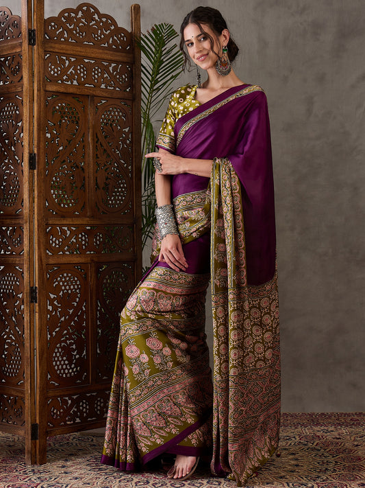 Ajrakh Printed Silk Saree - Olive Green and Purple