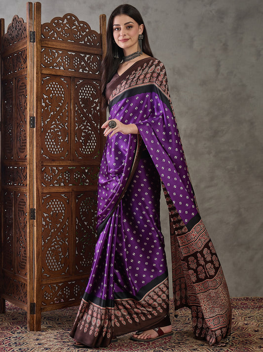 Ajrakh Printed Silk Saree - Purple and Brown