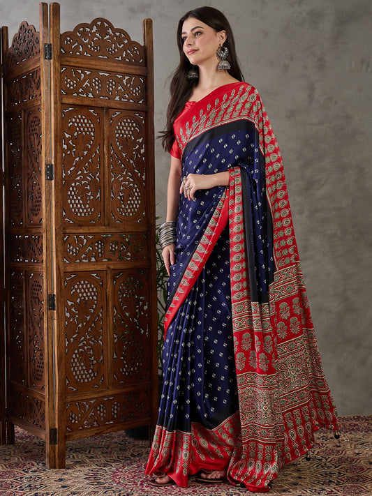 Ajrakh Printed Silk Saree - Blue and Red