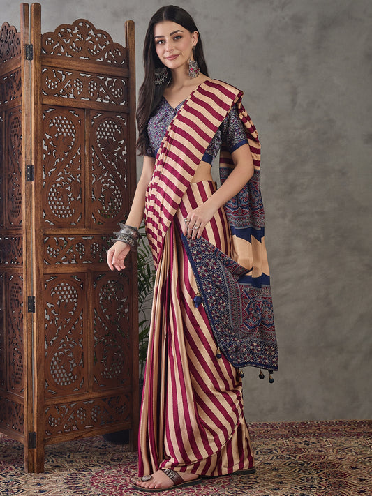 Ajrakh Printed Silk Saree - Maroon