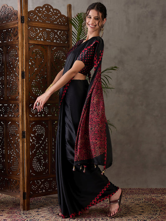 Ajrakh Printed Silk Saree - Black