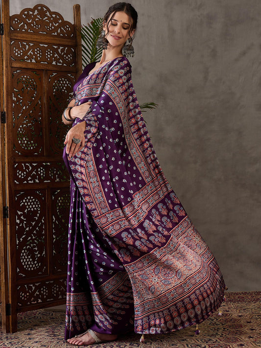 Ajrakh Printed Silk Saree - Purple
