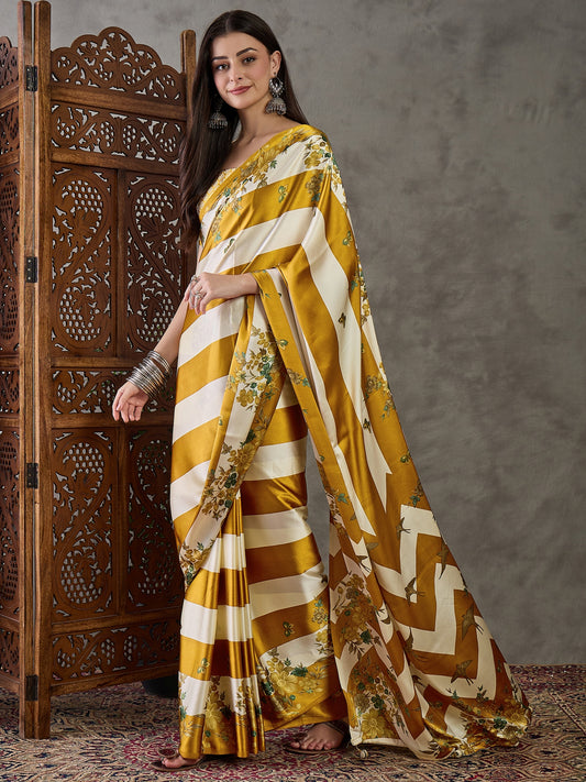 Ajrakh Printed Silk Saree - Mustard and Cream