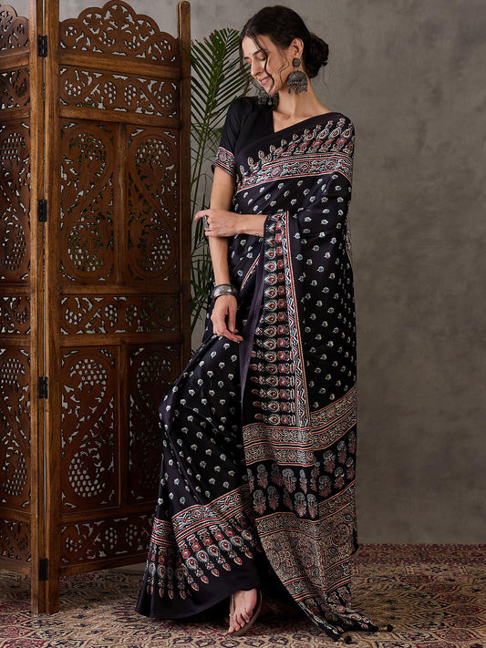 Ajrakh Printed Silk Saree - Black