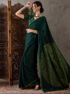 Ajrakh Printed Silk Saree - Green