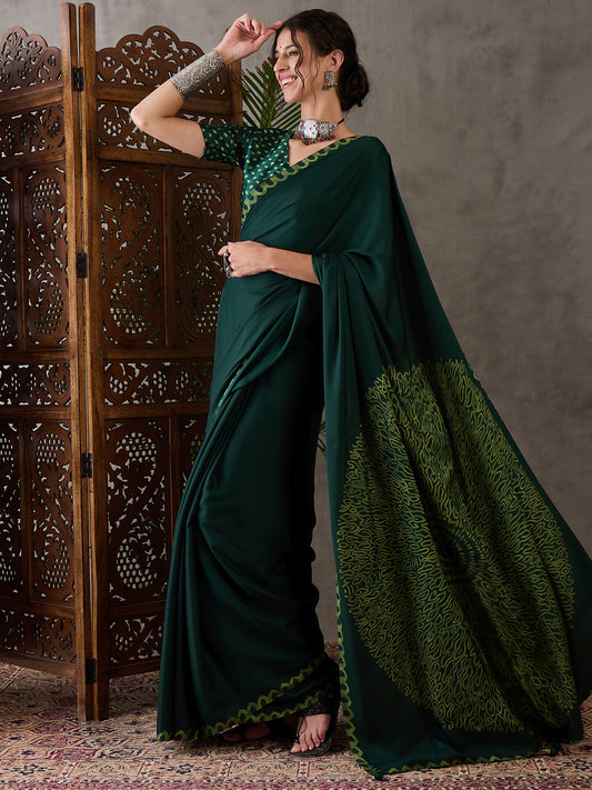 Ajrakh Printed Silk Saree - Green