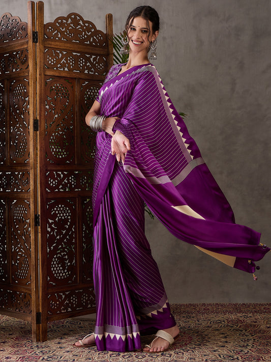 Ajrakh Printed Silk Saree - Purple