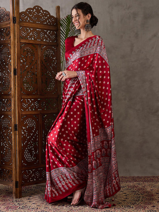 Ajrakh Printed Silk Saree - Red