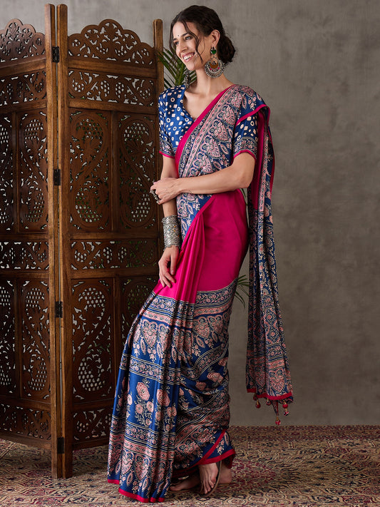 Ajrakh Printed Silk Saree - Blue and Pink