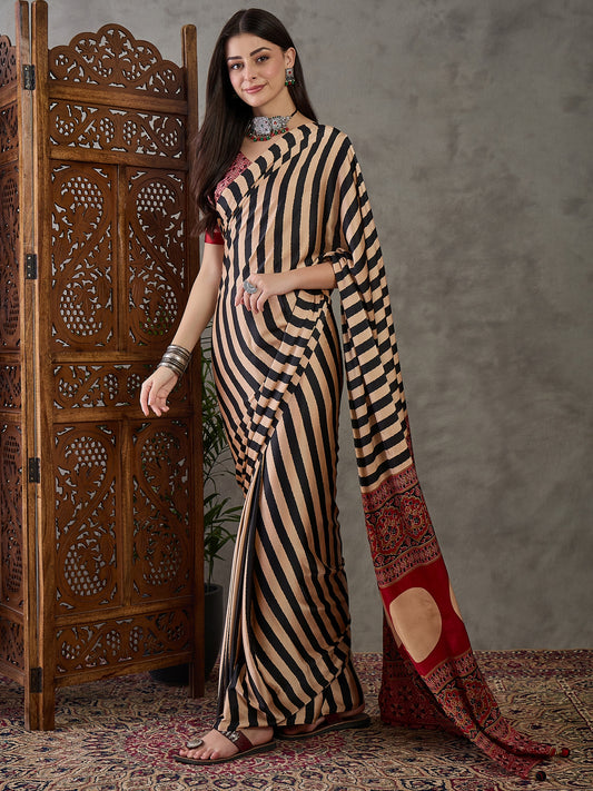 Ajrakh Printed Silk Saree - Black