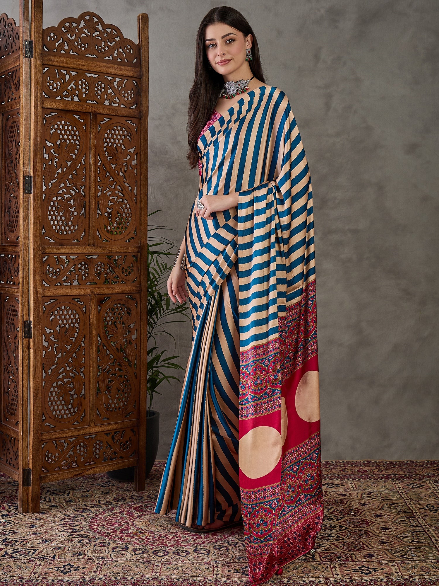 Ajrakh Printed Silk Saree - Blue