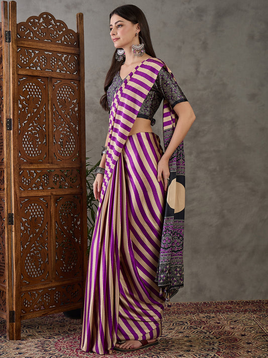 Ajrakh Printed Silk Saree - Purple