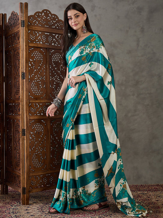 Ajrakh Printed Silk Saree - Sea Green and Cream