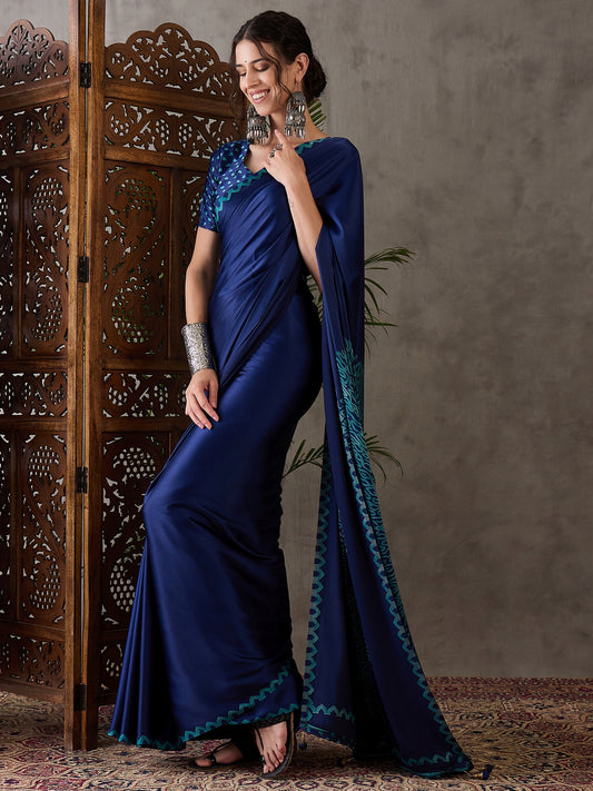 Ajrakh Printed Silk Saree - Navy Blue