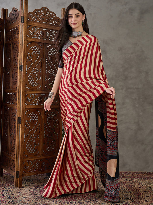 Ajrakh Printed Silk Saree - Red