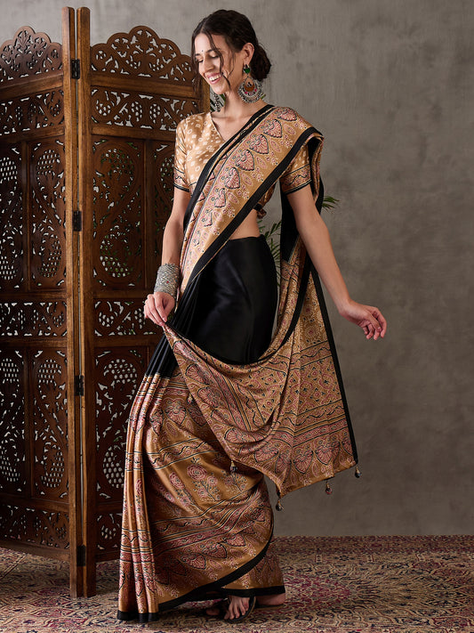Ajrakh Printed Silk Saree - Beige and Black
