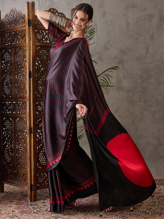 Ajrakh Printed Silk Saree - Black