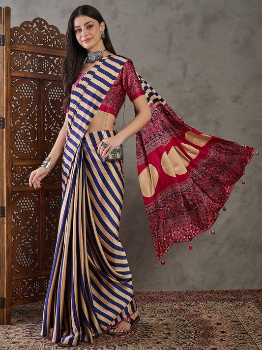 Ajrakh Printed Silk Saree - Dark Blue