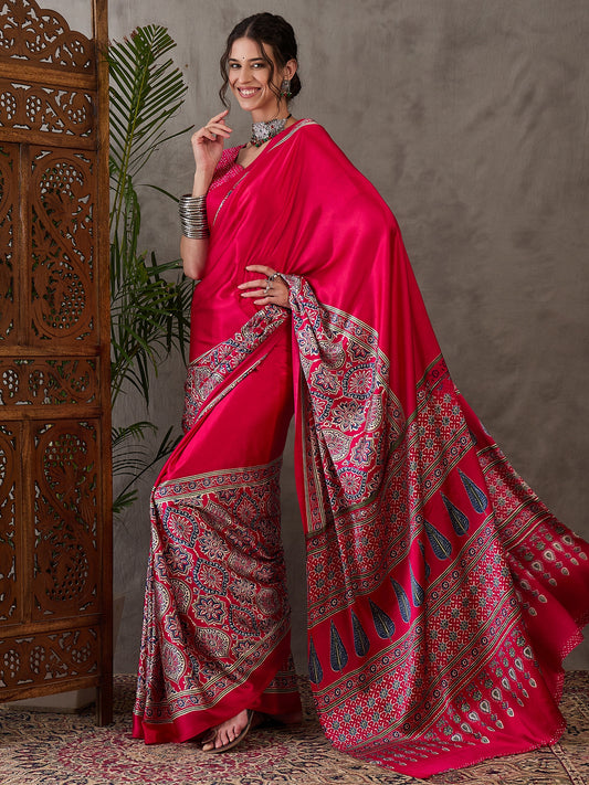 Ajrakh Printed Silk Saree - Rani Pink