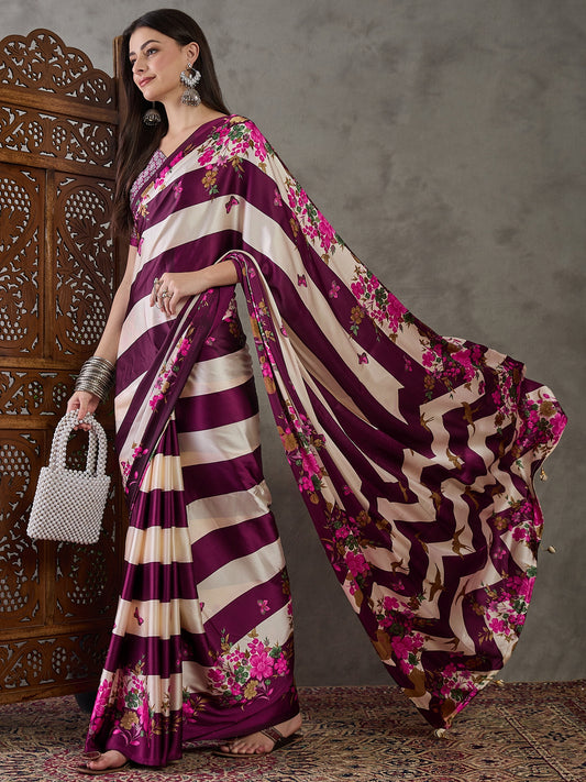 Ajrakh Printed Silk Saree - Maroon and Cream