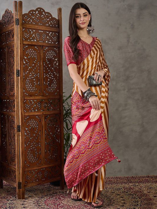 Ajrakh Printed Silk Saree - Mustard