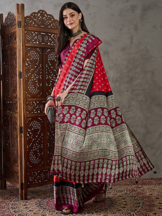 Ajrakh Printed Silk Saree - Red and Maroon