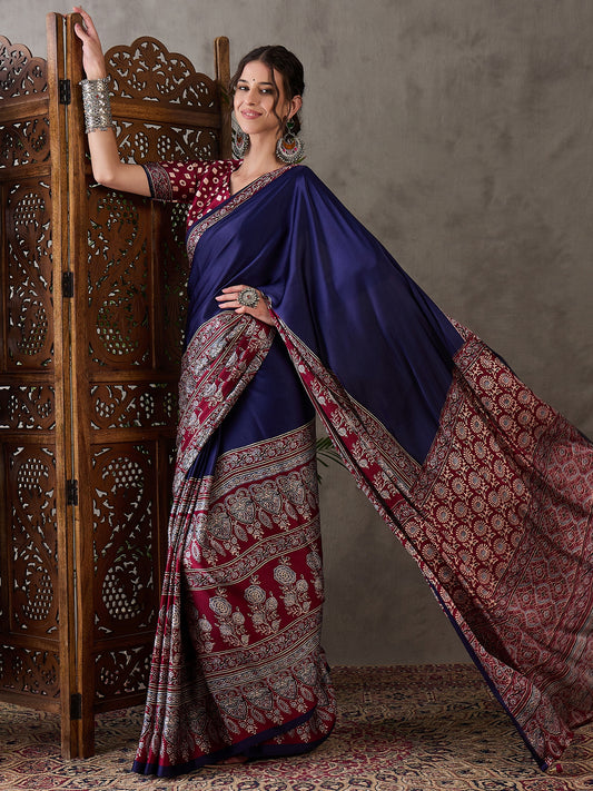 Ajrakh Printed Silk Saree - Maroon and Blue