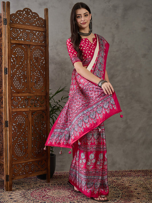 Ajrakh Printed Silk Saree - Red and Cream