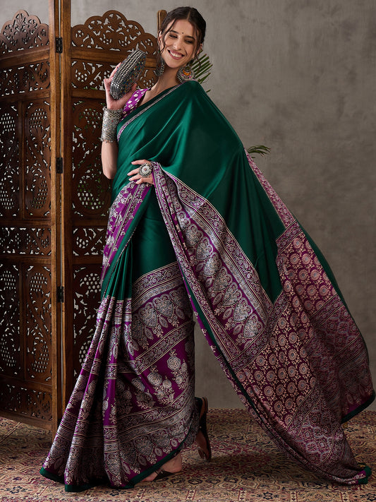 Ajrakh Printed Silk Saree - Purple and Green