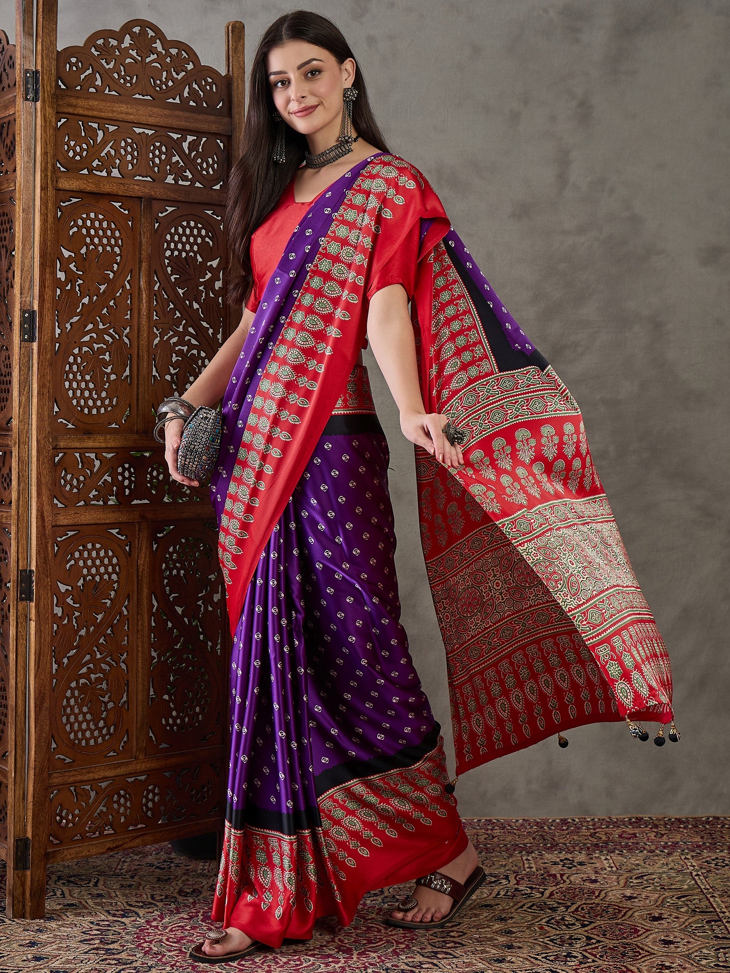 Ajrakh Printed Silk Saree - Violet and Red