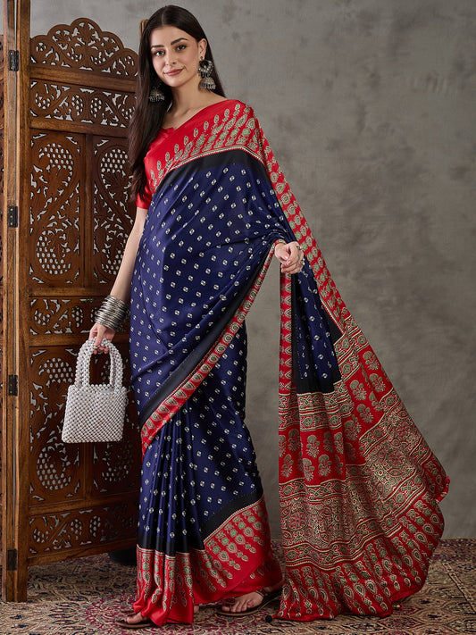 Ajrakh Printed Silk Saree - Blue and Red