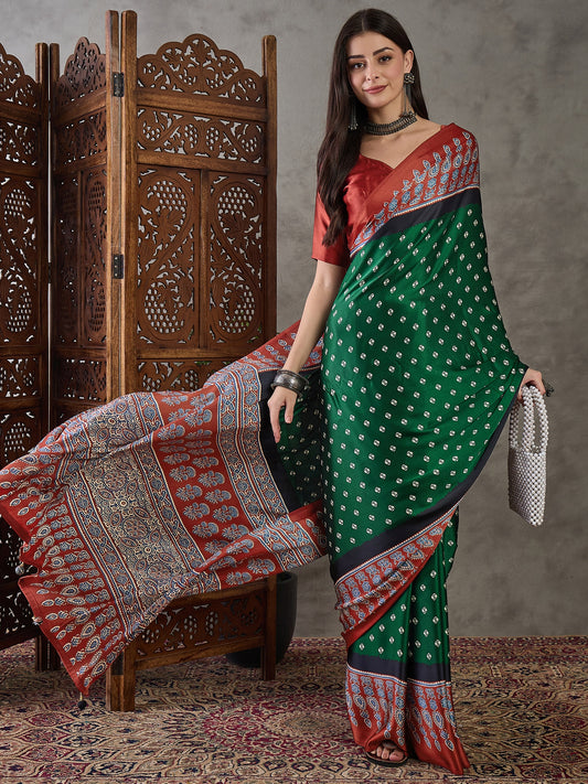 Ajrakh Printed Silk Saree - Green and Red