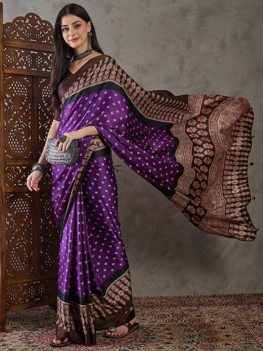 Ajrakh Printed Silk Saree - Purple and Brown