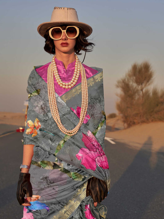 Printed Tussar Silk Saree - Slate Grey