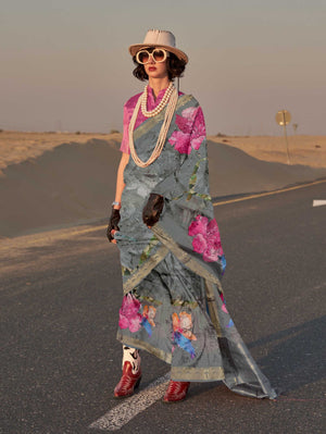 Printed Tussar Silk Saree - Slate Grey