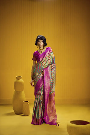 Madras Check Inspired Silk Saree with Teal green & rani pink with a Zari Border