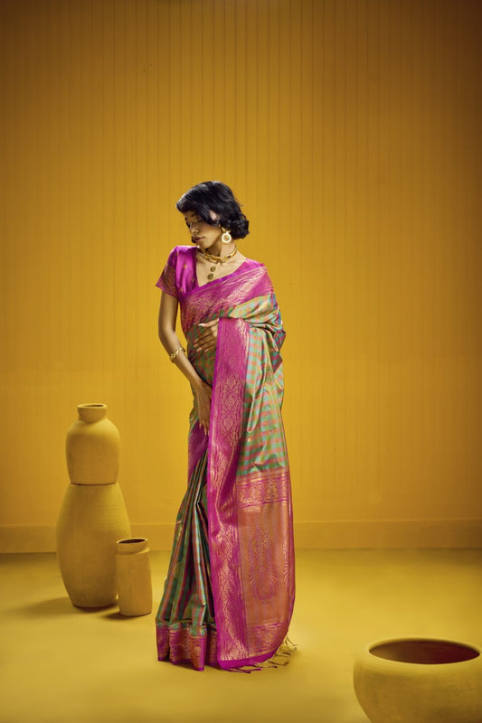 Madras Check Inspired Silk Saree with Teal green & rani pink with a Zari Border