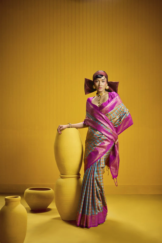Madras Check Inspired Silk Saree with Turquoise blue & magenta pink with a Zari Border
