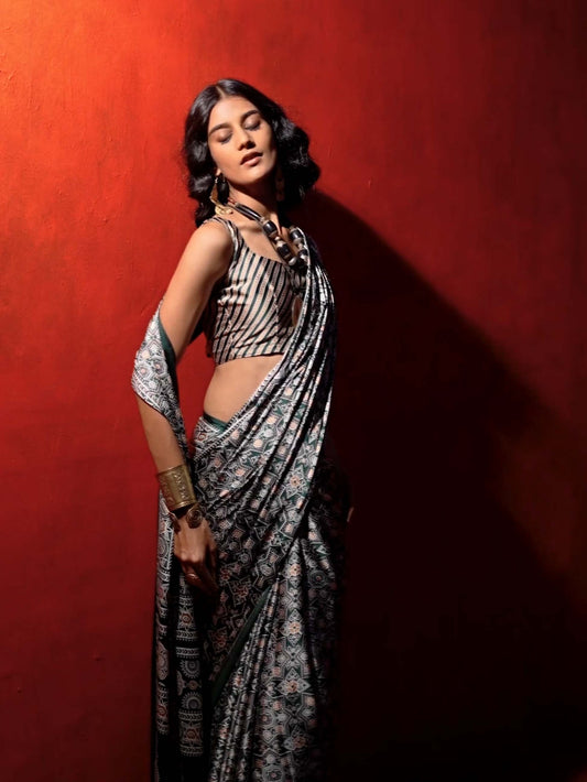 Satin Crepe Saree with Traditional Ajrakh Prints - Bottle Green Black