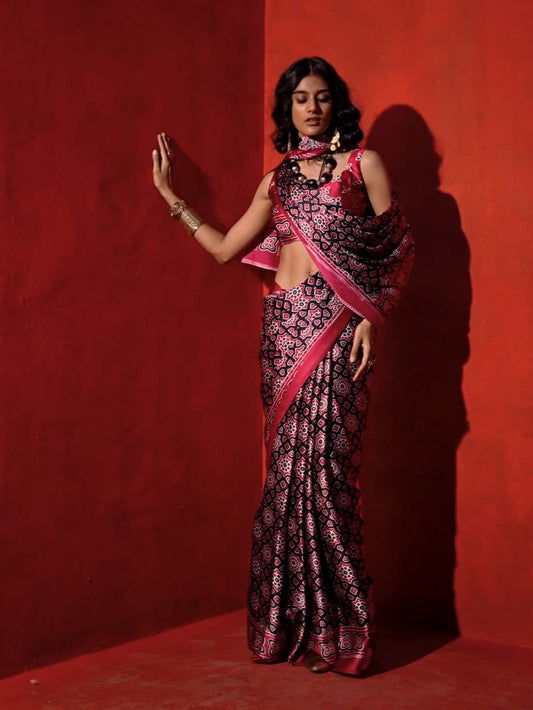 Satin Crepe Saree with Traditional Ajrakh Prints - Maroon Black