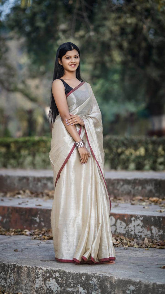Metallic Tissue Saree - White - - Laxha Clothing - www.laxhaclothing.com