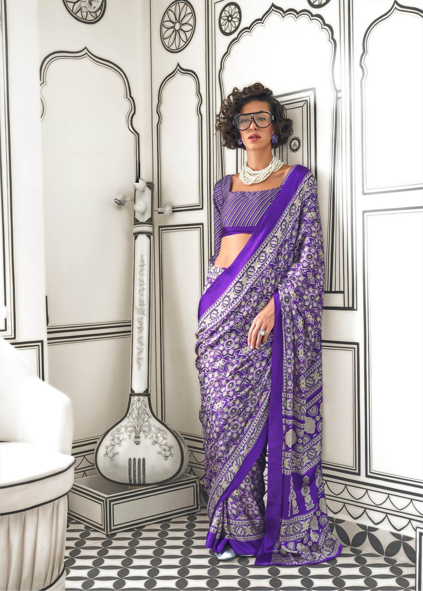 Ajrakh Printed Satin Saree - Purple - - Laxha Clothing - www.laxhaclothing.com