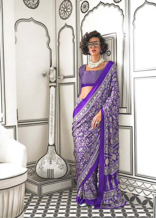Ajrakh Printed Satin Saree - Purple - - Laxha Clothing - www.laxhaclothing.com