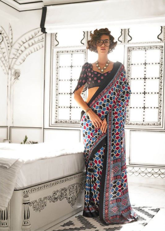 Ajrakh Printed Satin Saree - Blue & Red - - Laxha Clothing - www.laxhaclothing.com