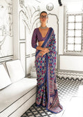 Ajrakh Printed Satin Saree - Navy Blue - - Laxha Clothing - www.laxhaclothing.com