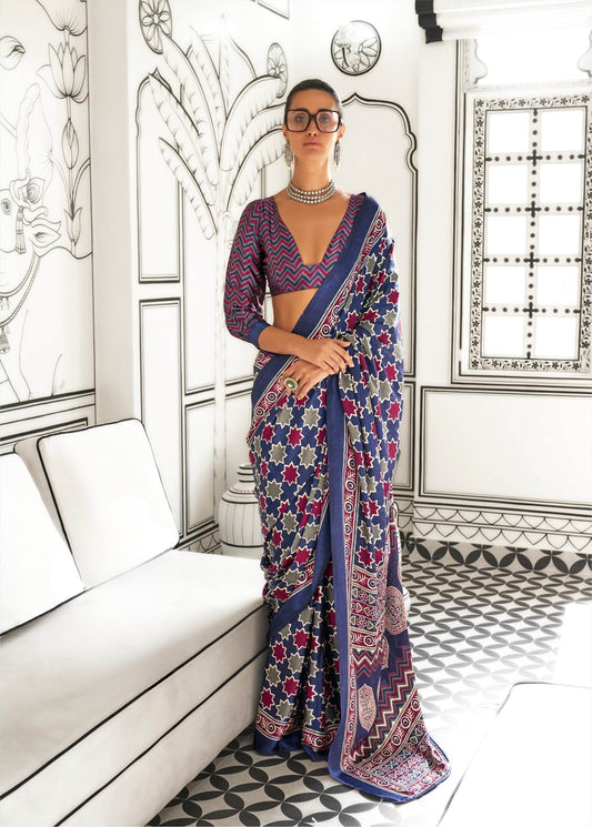 Ajrakh Printed Satin Saree - Navy Blue - - Laxha Clothing - www.laxhaclothing.com