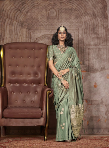 Traditional Pichwai Banarasi Saree - Sage Green